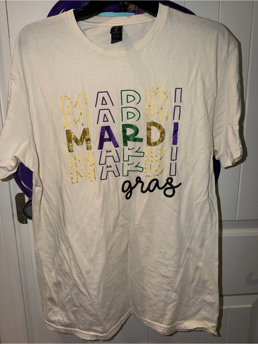 Gildan Cream Mardi Gras Graphic Tee with Gold Purple Green Accents